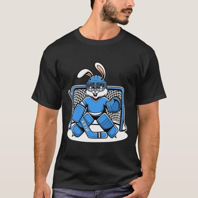 T-shirt Hockey Goalie Bunny Blue Net Pads Stick Helmet  (Devant)