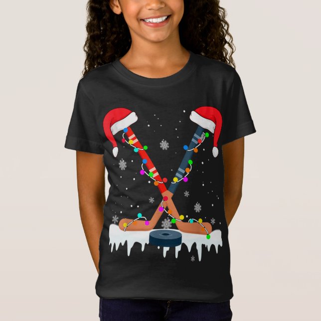 T-Shirt Hockey Santa Hat lumières Noël Sport amusant Noël (Devant)