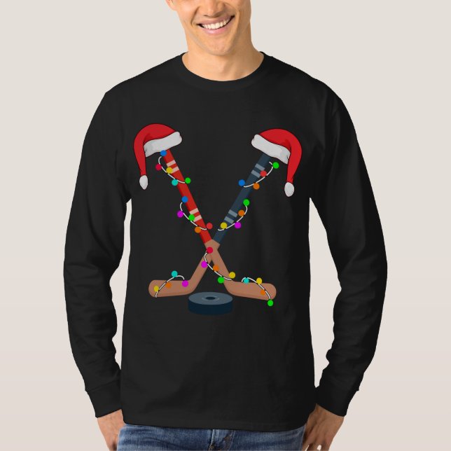 T-shirt Hockey Santa Hat lumières Noël Sport amusant Noël (Devant)