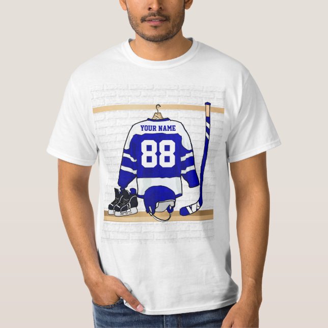 T-shirt Hockey sur glace bleu et blanc personnalisé Jersey (Devant)