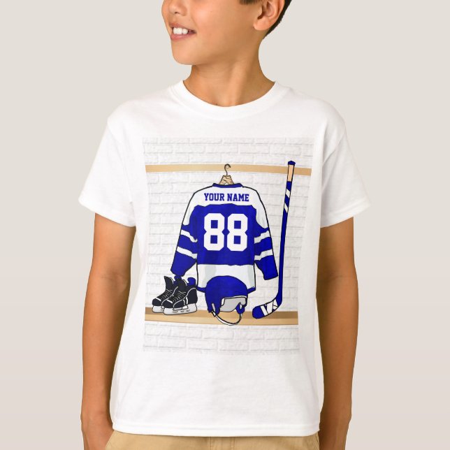 T-shirt Hockey sur glace bleu et blanc personnalisé Jersey (Devant)