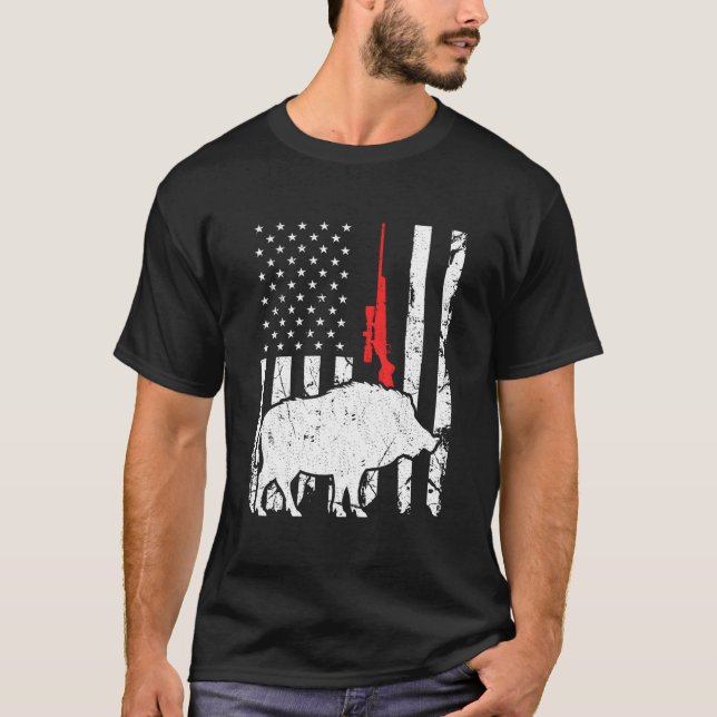 T-shirt Hog Hunting Us Flag Patriotic American Rifle (Devant)