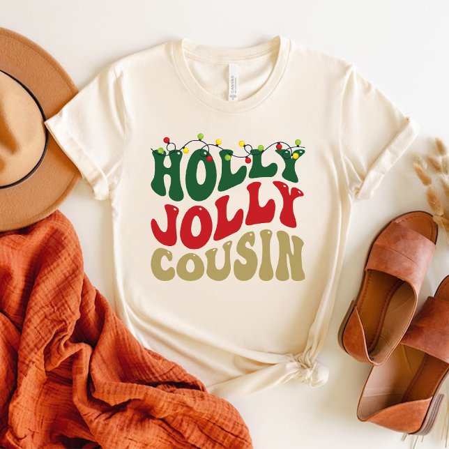 T-shirt Holly Jolly Cousin Noël Super blanc (Holly Jolly Cousin Christmas Groovy White T-Shirt)