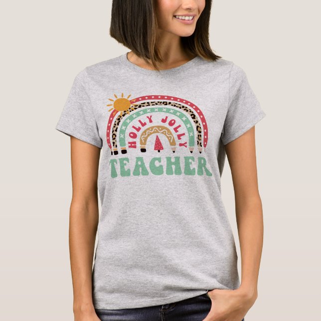 T-shirt Holly Jolly enseignant Leopard Retro Rainbow ensei (Devant)