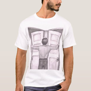 T-shirt Homme ayant du mal à décider quelle porte emprunte