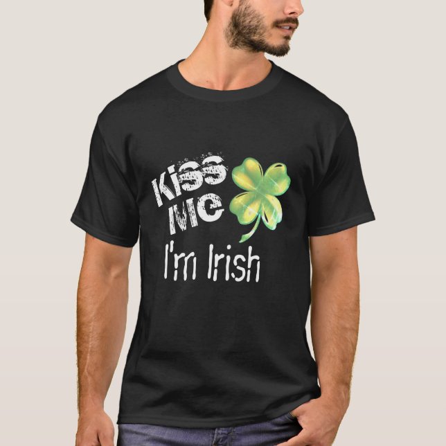 T-shirt Homme Kiss Me Je suis Irlandais, noir et shamrock  (Devant)