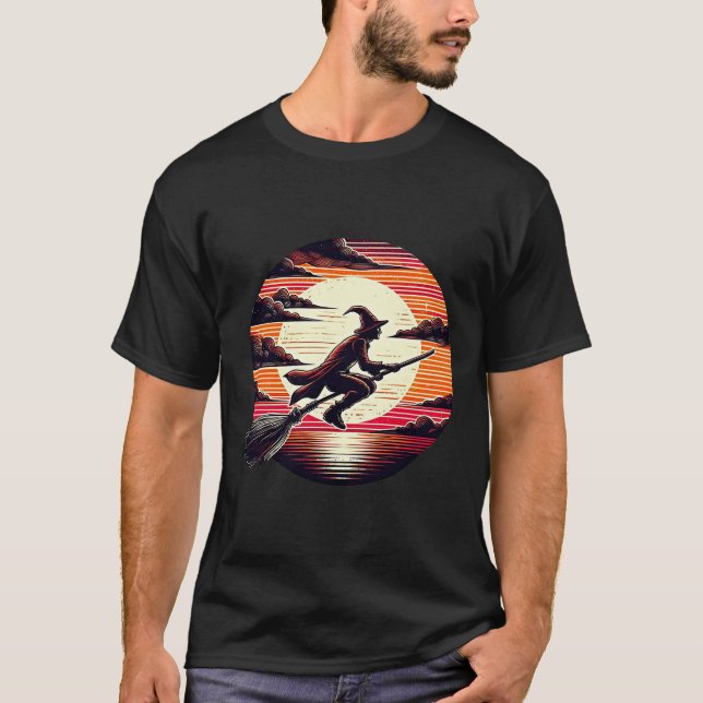 T-shirt Homme Sorcière équitation Broom in sunset art illu (Devant)