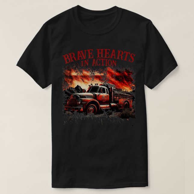 T-shirt Hommes Courageux Coeurs En Action Fire Truck Ameri (Design devant)