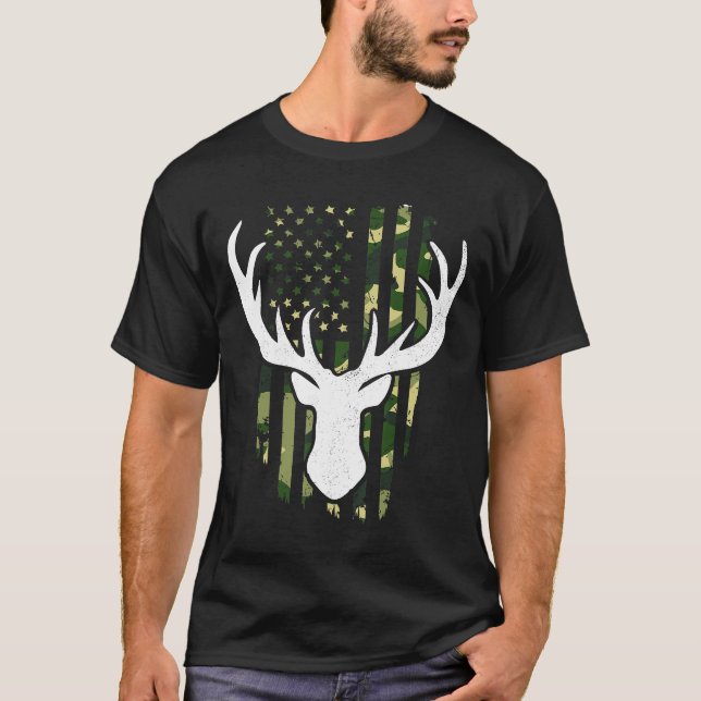 T-shirt Hommes Drapeau Américain Drôle Whitetail Elk chass (Devant)