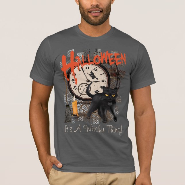 T-SHIRT HOMMES NOIRS DE CAT DE SORCIÈRES DE HALLOWEEN (Devant)
