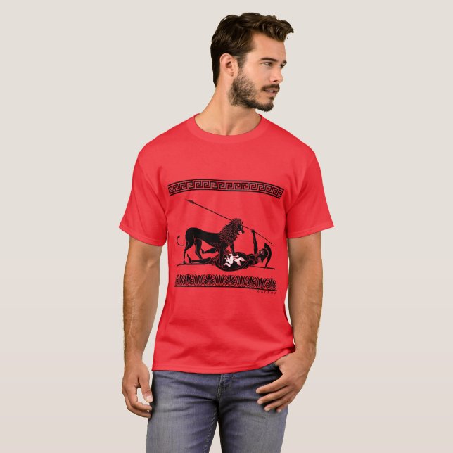 T-shirt Hoplit et lion (noir sur le rouge) (Devant entier)