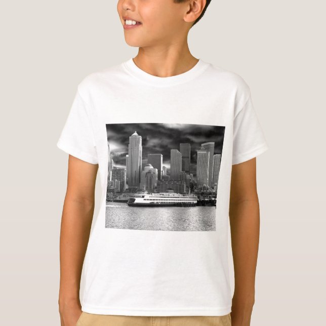 T-shirt horizon de Seattle noir et blanc (Devant)