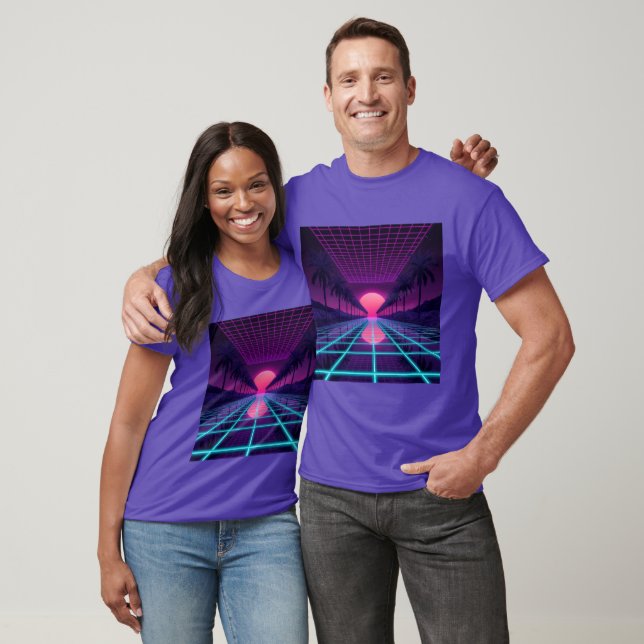 T-shirt Horizon Synthwave Néon - Grille Cyberpunk Rétro 80 (Unisexe)