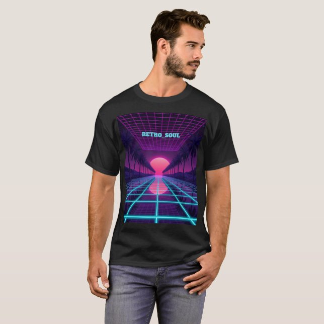 T-shirt Horizon Synthwave Néon - Grille Cyberpunk Rétro 80 (Devant entier)