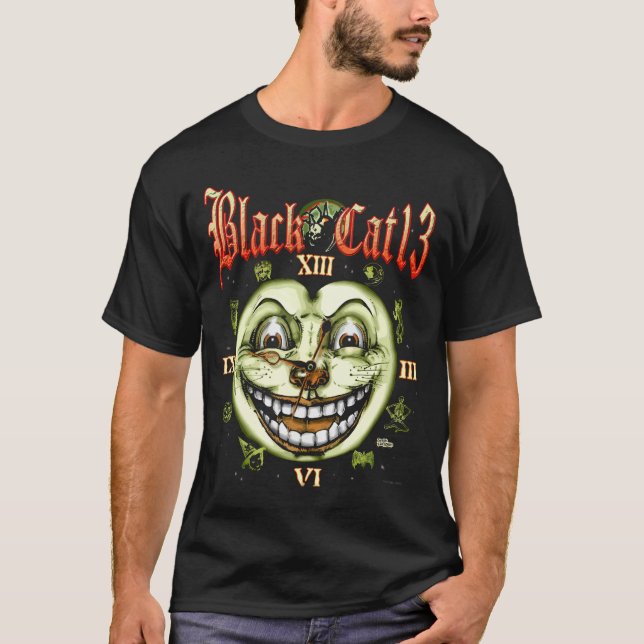 T-shirt Horloge Halloween du chat noir 13 (Devant)