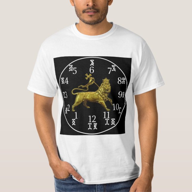 T-shirt Horloge Lion éthiopienne - Numéros Amharique et An (Devant)