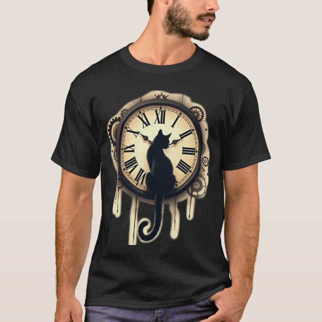 T-shirt Horloge Ornée Silhouette de Chat Noir Steampunk (Devant)
