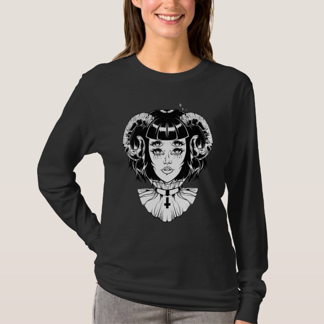 T-shirt Horned Devil Satanic Halloween Glitch Goth Emo Pun (Devant)