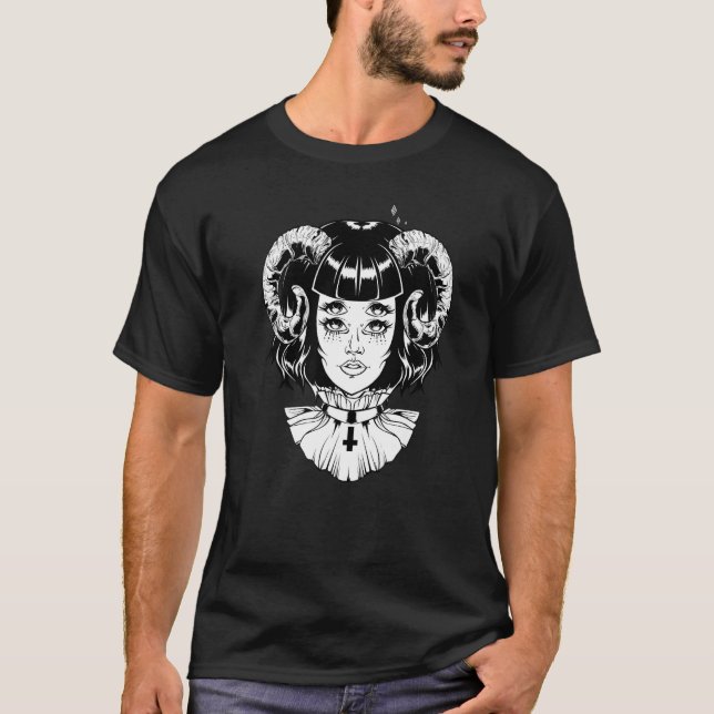 T-shirt Horned Devil Satanic Halloween Glitch Goth Emo Pun (Devant)