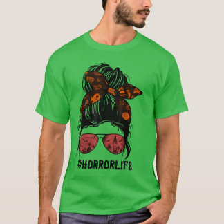 T-shirt Horror Life Bun de cheveux désordonnés Lunettes de