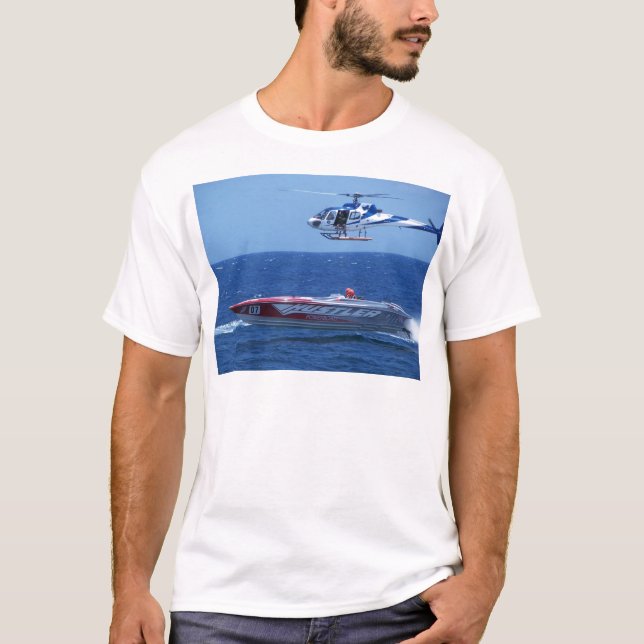 T-shirt Hors-bord et hélicoptère en mer (Devant)