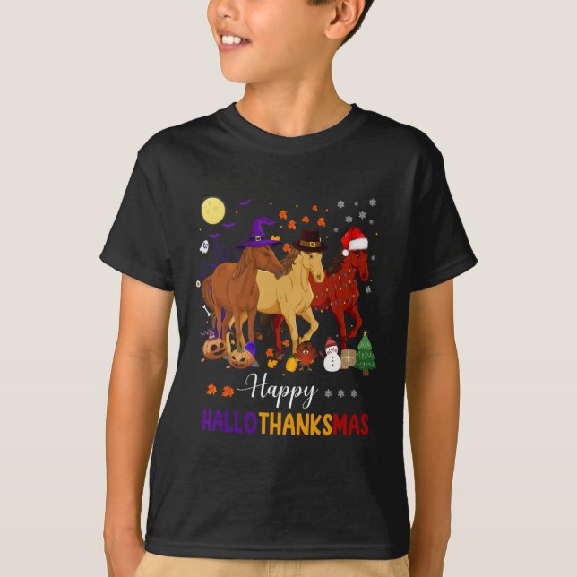 T-shirt Horse Halloween Thanksgiving Christmas Happy Hallo (Devant)