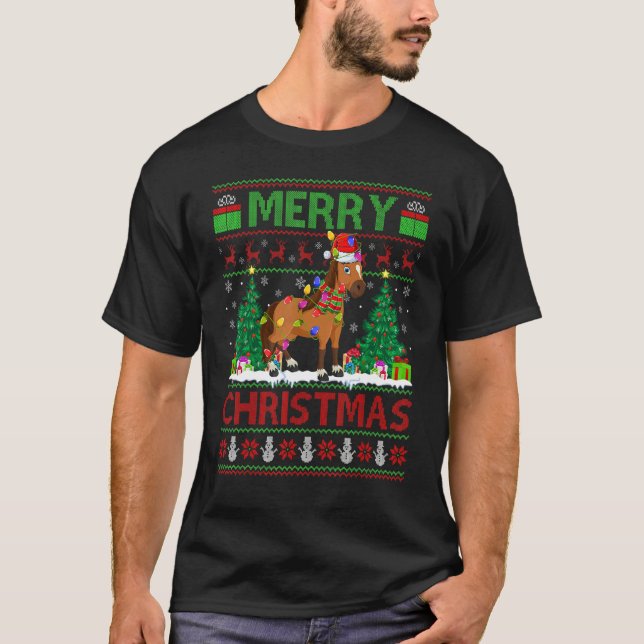 T-shirt Horse   Xmas Tree Lights Ugly Santa Horse Christma (Devant)