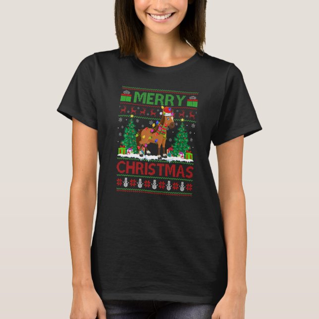 T-shirt Horse  Xmas Tree Lights Ugly Santa Horse Christmas (Devant)