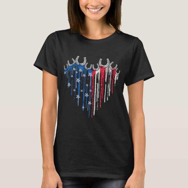T-shirt Horseshoe American Flag Heart Horse Independence (Devant)