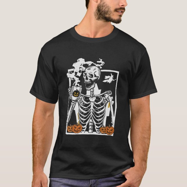 T-shirt Hot Coffee Skeleton Drinking Halloween Skull Pumpk (Devant)