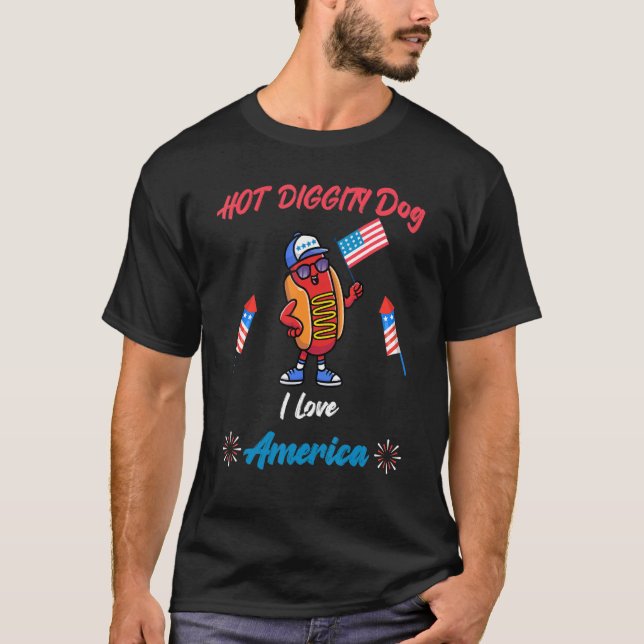 T-shirt Hot Diggity Chien I Love America Drapeau 4 juillet (Devant)