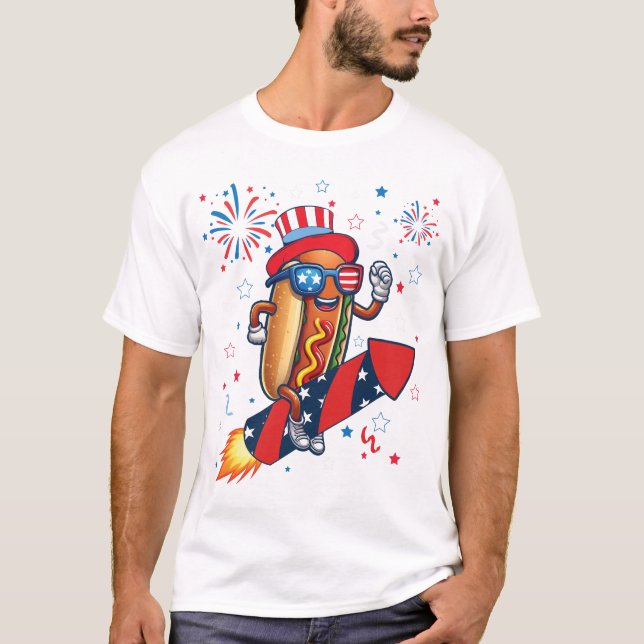 T-shirt Hotdog 4 juillet Fusée patriotique et Feux d'artif (Devant)