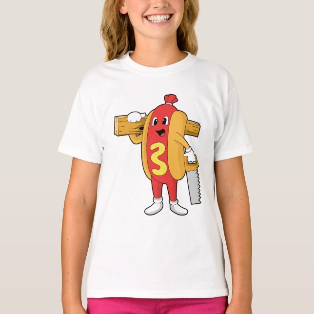 T-shirt Hotdog as Carpenter with Saw & Wood (Devant)