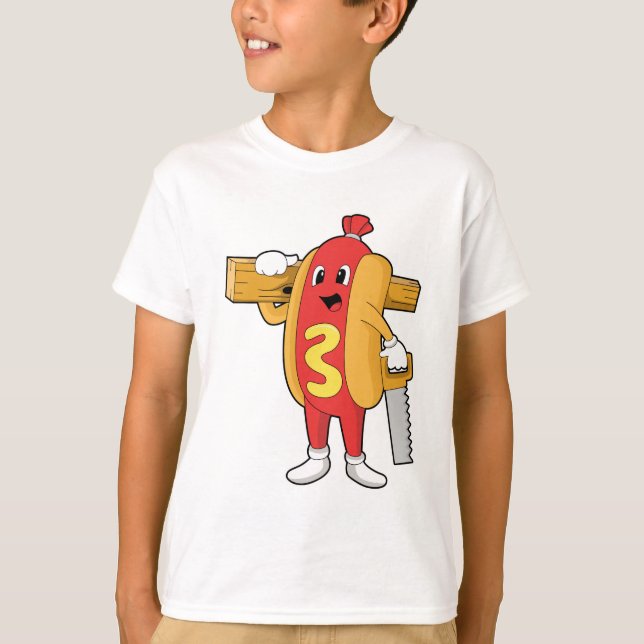 T-shirt Hotdog as Carpenter with Saw & Wood (Devant)