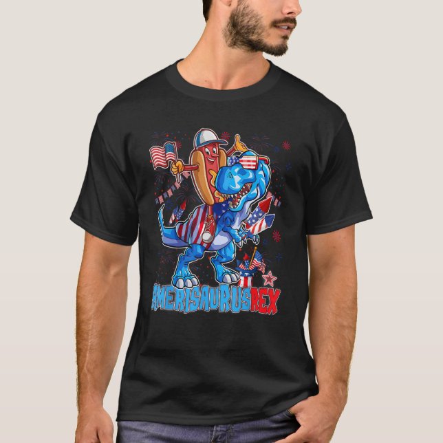 T-shirt Hotdog Rex Dino 4 juillet Amerisaurus Rex (Devant)
