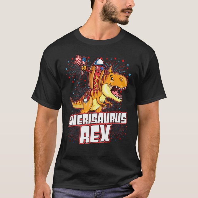 T-shirt Hotdog Rex Dinosaur 4th of July Amerisaurus   (Devant)