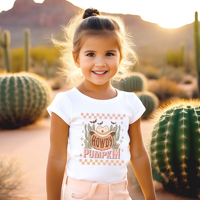 T-Shirt Howdy Citrouille Halloween rétro Western Rose Girl (Howdy Pumpkin Halloween Retro Western Pink Girl T-Shirt)