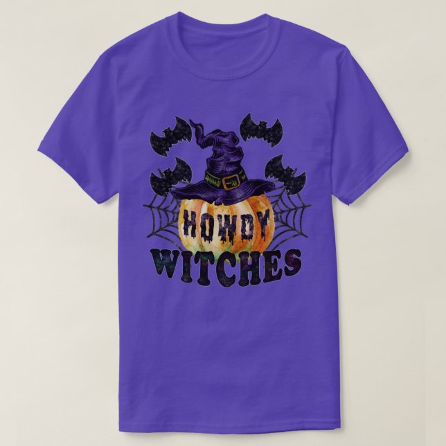 T-shirt Howdy Witch Happy Halloween chauves-souris Citroui (Design devant)