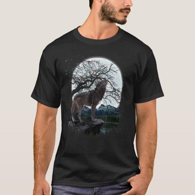 T-shirt Howling Predator Pleine lune de forêt animale Wolf (Devant)