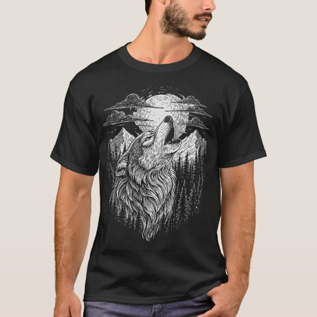 T-Shirt Howling Wolf et Lune en Dessin au Trait (Devant)