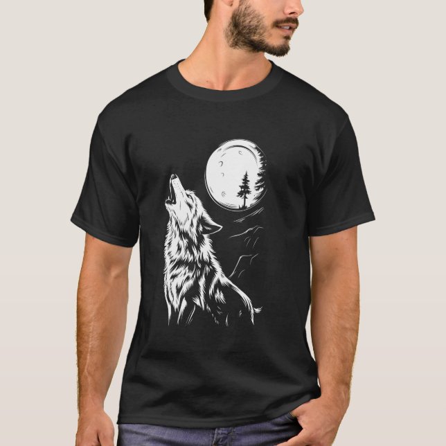 T-shirt Howling Wolf Under Moon Night Wildlife Art (Devant)