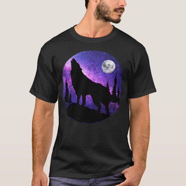 T-shirt Howling Wolf Under The Full Moon With Purple Galax (Devant)