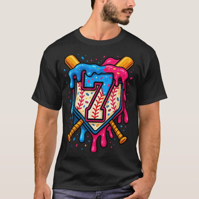 T-shirt Hugvyn 7th Birthday Baseball Ice Cream Drip Number (Devant)