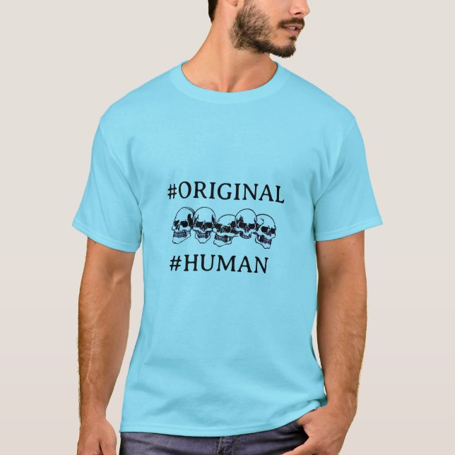 T-SHIRT #HUMAIN AVEC DES CRÂNES EN BLEU (Devant)