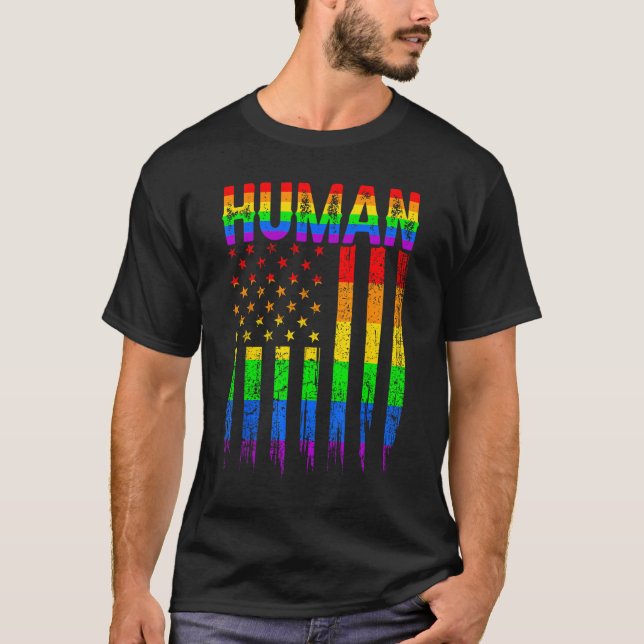 T-shirt Human USA Flag LGBT Gay Pride Month Rainbow Suppor (Devant)