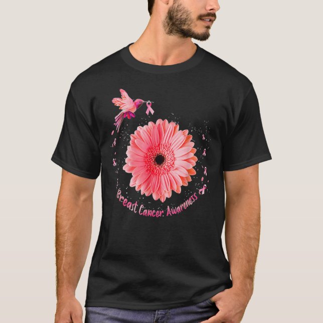 T-shirt Hummingbird Bird Pink Daisy Breast Cancer Awarenes (Devant)