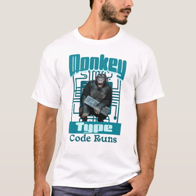 T-shirt Humour de programmeur sur le singe qui tape du cod (Devant)
