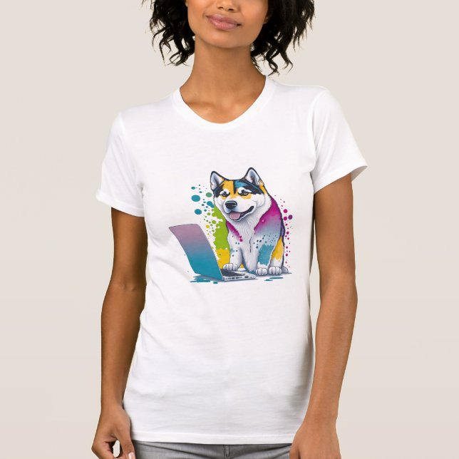 T-shirt Husky Chig Computer Rainbow Watercolor Tech Savvy (Devant)