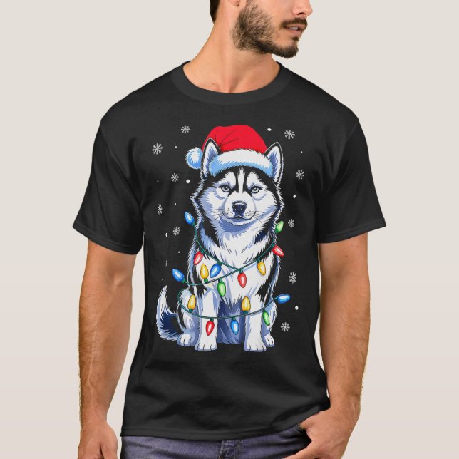 T-shirt Husky Dog Christmas Lights Santa Hat Family Xmas P (Devant)