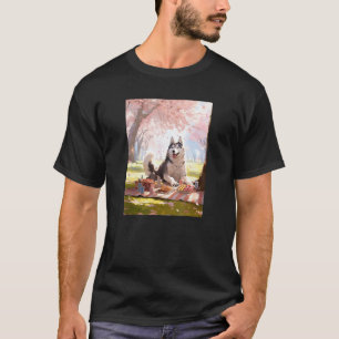 T-shirt Husky Drôle Cerisier Fleur Drôle Chien Pique-nique